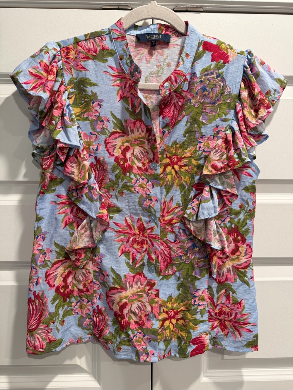 Rachel Floral Ruffle Sleeve Button Front Top - Pink/Green on Light Blue